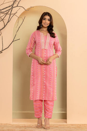 Varanga Women Pink Printed Round Neck Straight Kurta Paired With Bottom And Dupatta